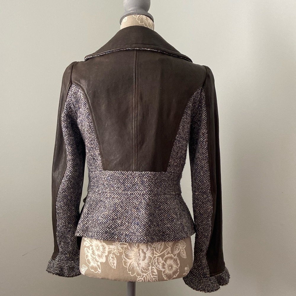 Tocca Leather Blazer Tweed Hourglass Notched Lapels Brown Blue Gray 4 Or S - Picture 16 of 17